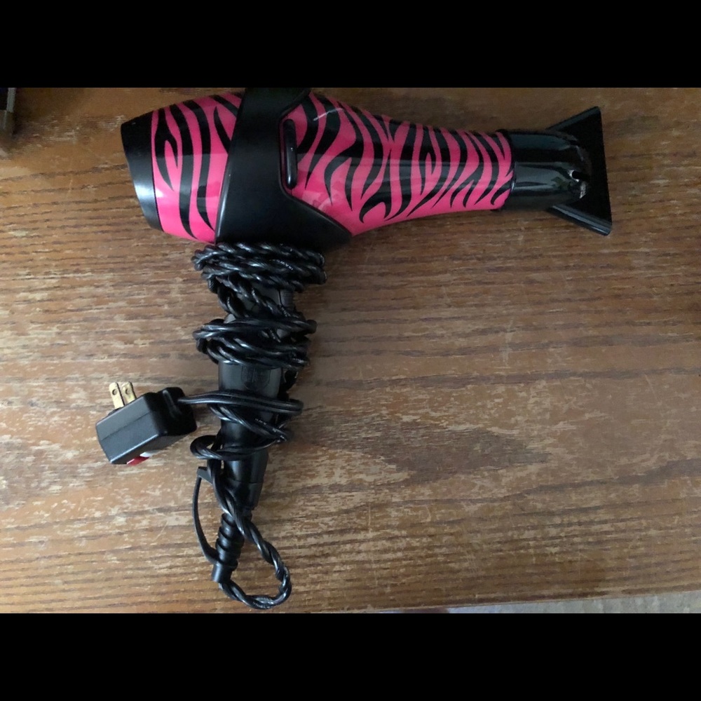 Hot pink and black zebra stripe hair dryer